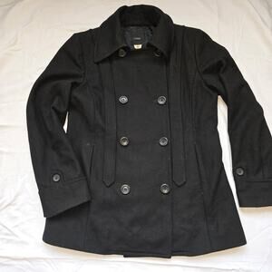 J.Crew Black Wool Classic Double Breasted Pea Coat Jacket Size 6 Preppy Nautical